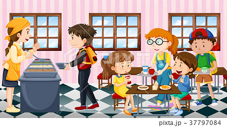 Kids Eating Lunch At The Canteenのイラスト素材 37797084 Pixta