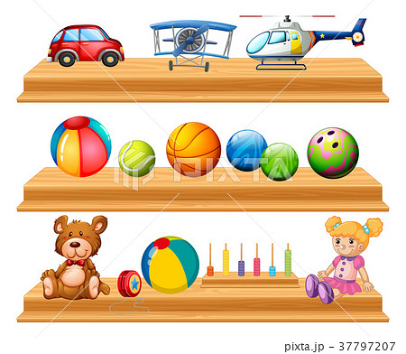 Different types of balls and toys on shelves Different types of balls and toys on shelves 37797207