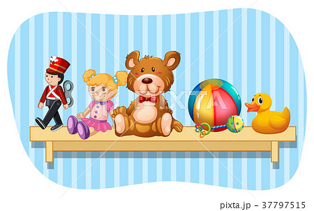 Many types of toys on wooden shelf Many types of toys on wooden shelf 37797515