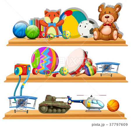 Different types of toys on wooden shelves 37797609