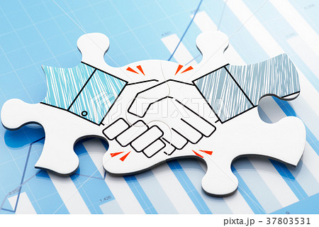 握手するイラストが描かれたジグソーパズル。青いグラフの背景。 握手するイラストが描かれたジグソーパズル。青いグラフの背景。 37803531