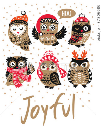 Winter print with cartoon owls and text Joyful in 37806686