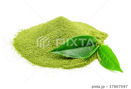 powder green tea and green tea leaf on white powder green tea and green tea leaf on white 37807097
