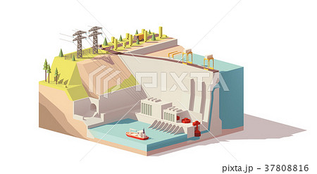 Vector low poly hydroelectric power station 37808816