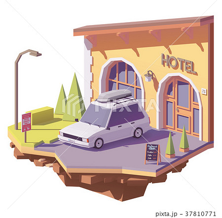 Vector low poly car and hotel Vector low poly car and hotel 37810771