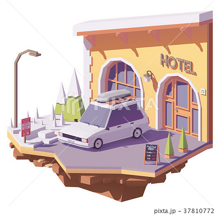 Vector low poly car and hotel 37810772