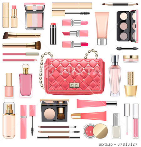 Vector Makeup Cosmetics with Pink Handbag 37813127
