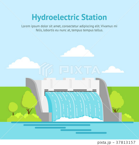 Cartoon Hydroelectric Station on a Landscape 37813157