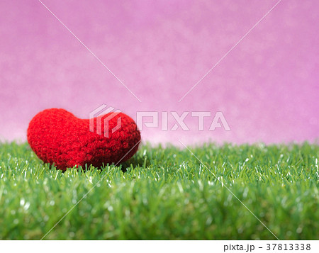 Handmade red yarn heart on Green grass Handmade red yarn heart on Green grass 37813338