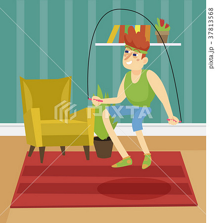 Young Man Skipping With Jump Rope On Theのイラスト素材