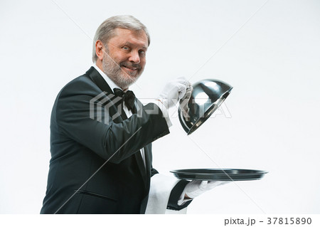The waiter with tray and metal cloche lid cover 37815890