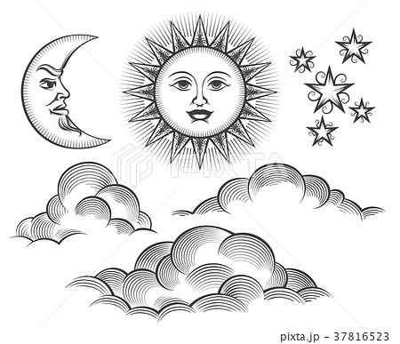 Retro engraved moon, sun celestial faces 37816523