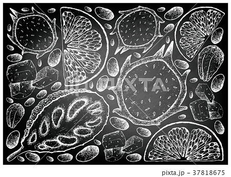 Jackfruit, Dragon Fruit Grapefruit on Chalkboard Jackfruit, Dragon Fruit Grapefruit on Chalkboard 37818675