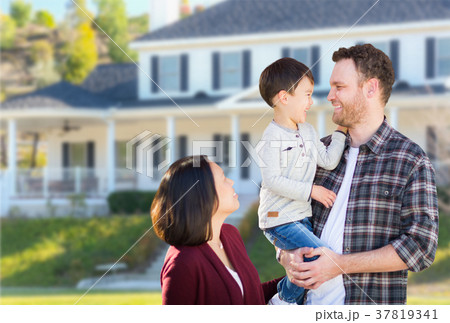 Young Mixed Race Caucasian and Chinese Family In Front of Custom 37819341
