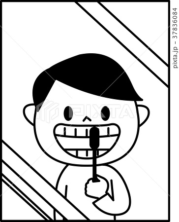 鏡を見ながら歯ブラシする男の子 モノクロ イラストのイラスト素材