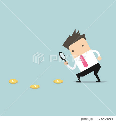 Businessman with magnifying glass follow coin. 37842694