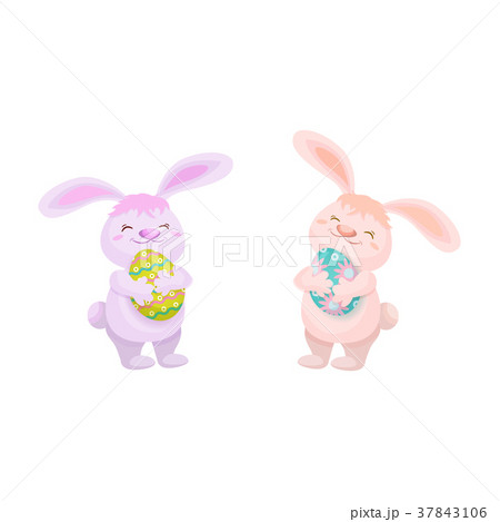 vector easter cake, rabbits holding easter egg set 37843106