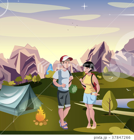 Couple tourist hiking landscape background Couple tourist hiking landscape background 37847266