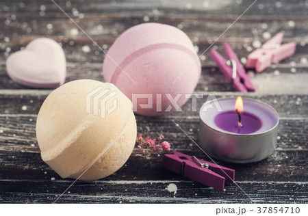 Bath accessories on rustic wooden table 37854710