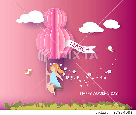 Card for 8 March womens day. Woman on teeterboard Card for 8 March womens day. Woman on teeterboard 37854982