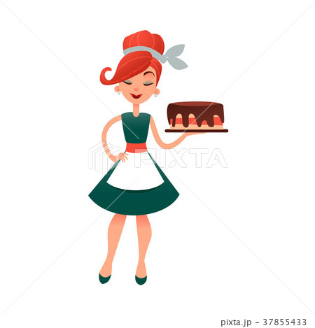 Funny cartoon housewife with cake. Happy homemaker 37855433