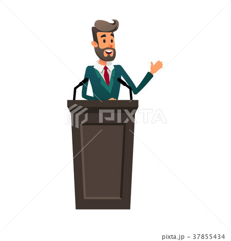 The lecturer stands behind the rostrum. The 37855434