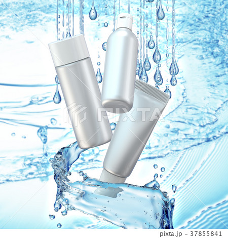 Cream bottle mock up in water splash on blue bokeh 37855841