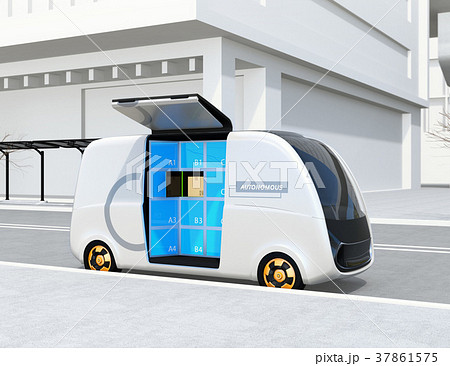 路側帯に停車されているロボット配送車のイメージ。ラストワンマイルコンセプト 路側帯に停車されているロボット配送車のイメージ。ラストワンマイルコンセプト 37861575