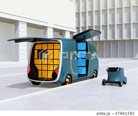 路側帯に停車中のロボット配送車と配達ドローンのイメージ。ラストワンマイルコンセプト 路側帯に停車中のロボット配送車と配達ドローンのイメージ。ラストワンマイルコンセプト 37861582