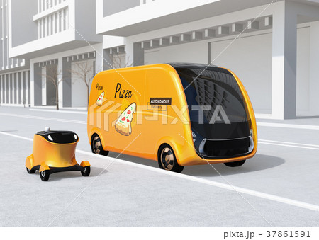 ピザ宅配無人運転ロボットカーと宅配ドローンのコンセプトイメージ 37861591