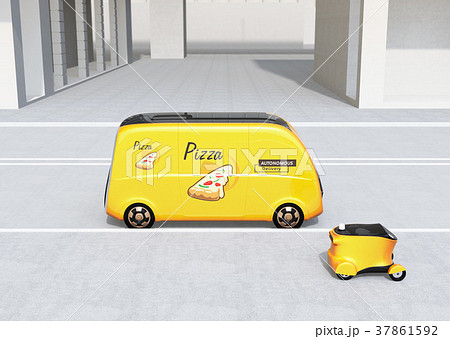 ピザ宅配無人運転ロボットカーと宅配ドローンのコンセプトイメージ ピザ宅配無人運転ロボットカーと宅配ドローンのコンセプトイメージ 37861592