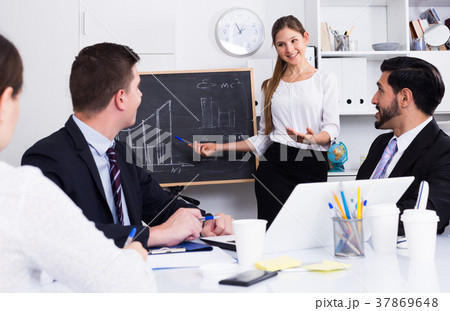 Business woman presenting strategy to partners Business woman presenting strategy to partners 37869648