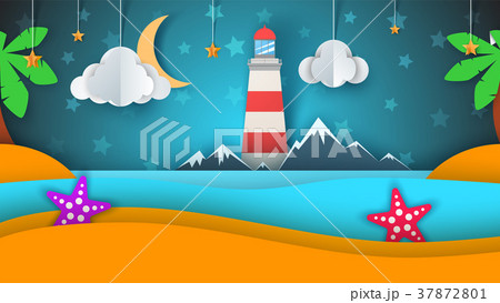 Cartoon paper island. Beach, palm, star, cloud Cartoon paper island. Beach, palm, star, cloud 37872801
