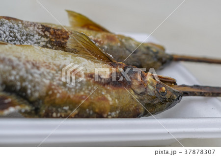 Close up of Grilled trout fish on wooden table 37878307
