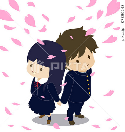可愛い恋人たち 桜 制服 ジャンパースカート 俯瞰のイラスト素材