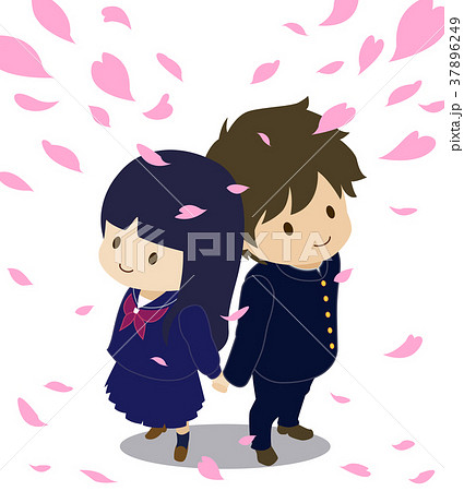 可愛い恋人たち 桜 制服 セーラー服 俯瞰のイラスト素材