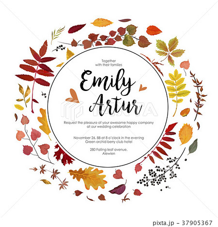 Wedding Autumn Fall Invite Card Design With Leavesのイラスト素材