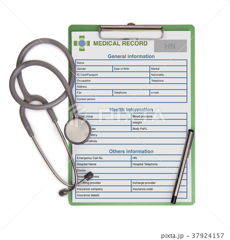 Top view of medical record document on clipboard. 37924157