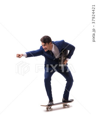 Businessman riding skateboard isolated on white 37924421