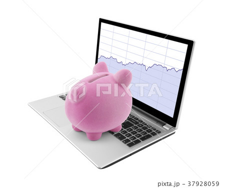Piggy bank looking at laptop with stock charts  37928059