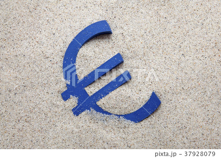 Blue euro symbol in the sand  37928079