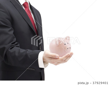 Man with piggy bank in hand isolated on white  37929401
