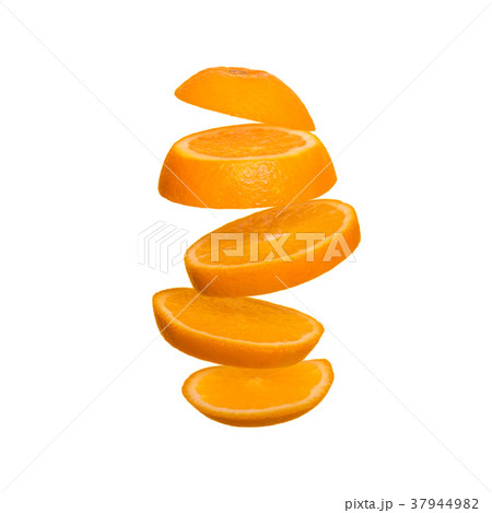Creative concept with Flying orange. Sliced orange on white Levity fruit Creative concept with Flying orange. Sliced orange on white Levity fruit 37944982