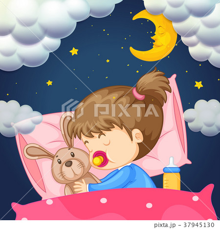 Baby girl in bed at night 37945130