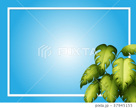 Blue background template with green leaves 37945155