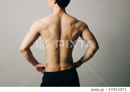 ボディビルダー 若い男性 後ろ姿 広背筋 裸の写真素材