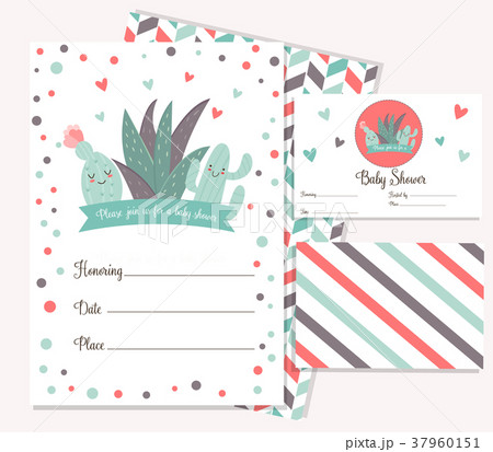 Baby shower card with cute cactus. 37960151