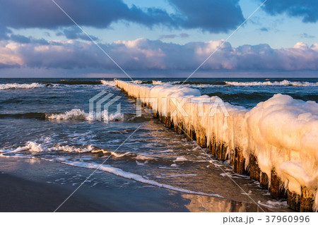 Groyne on shore of the Baltic Sea in winter time 37960996
