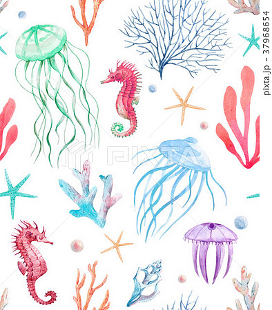 Watercolor Sea Life Patternのイラスト素材