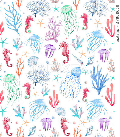Watercolor Sea Life Patternのイラスト素材 37968659 Pixta